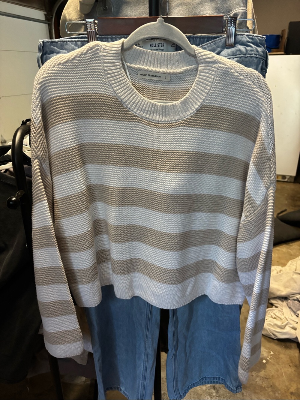 Hollister Cream and Taupe Striped Crewneck Sweater